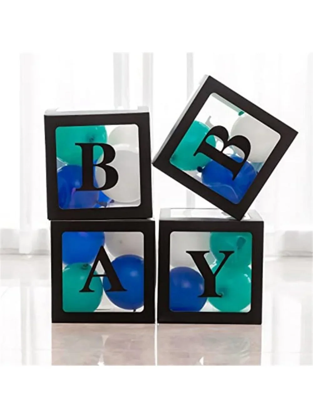 Baby Shower Boxes 4pk Black Clear Balloon Boxes BABY Letters Gender Reveal Party